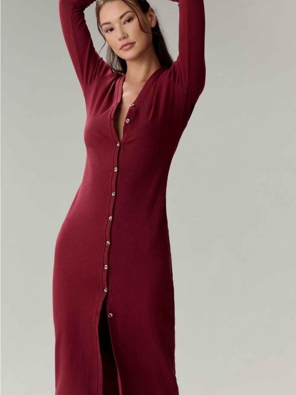 Anthropologie Ribbed Button-Front Midi Dress in Burgundy